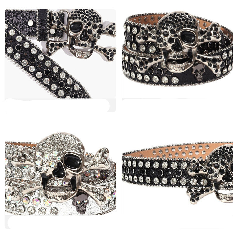 Wholesale Thick imitation leather belt with rhinestone alloy belt and trendy skull belt